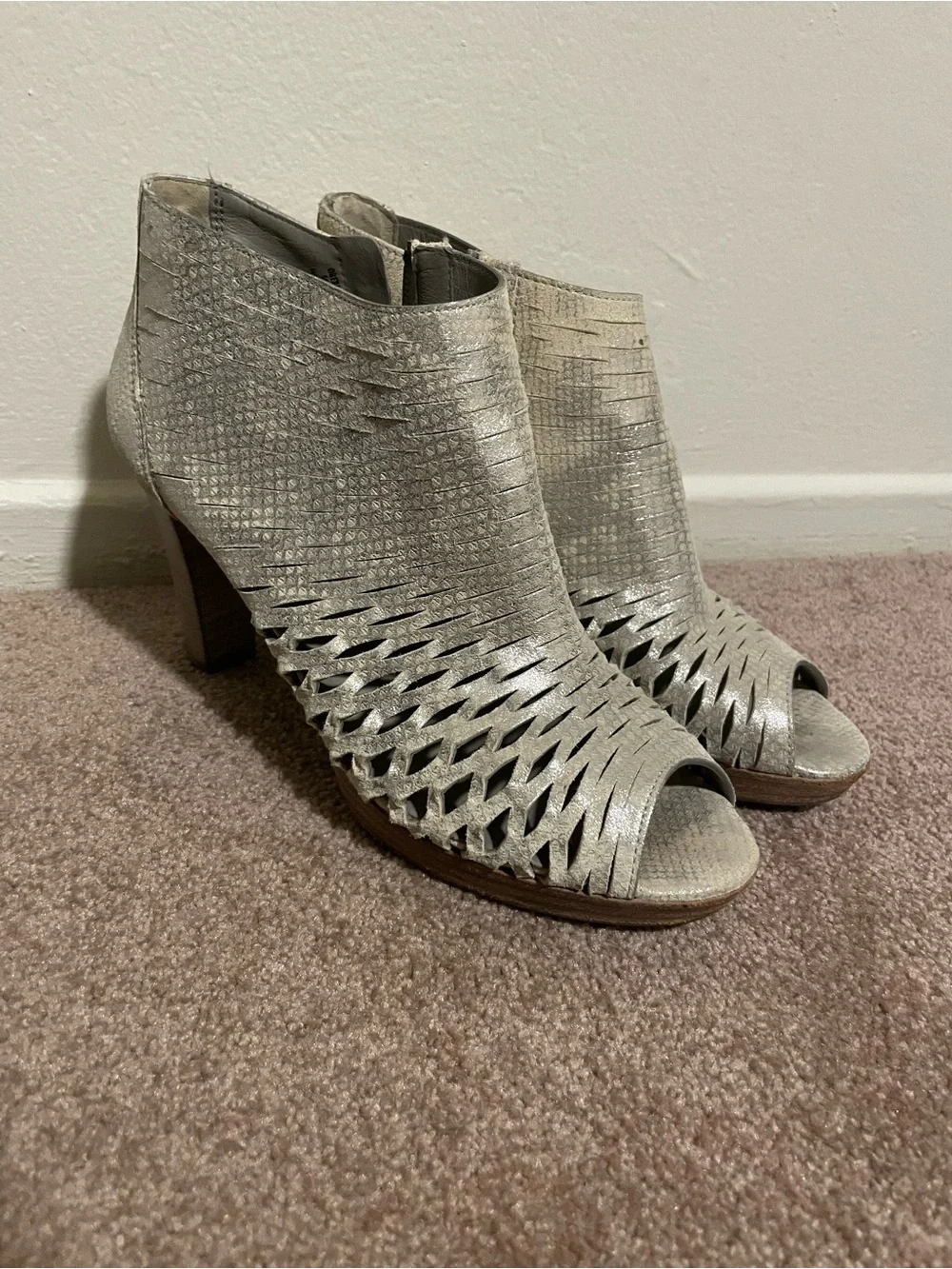 Paul Green Silver Woven Peep-Toe Ankle Booties